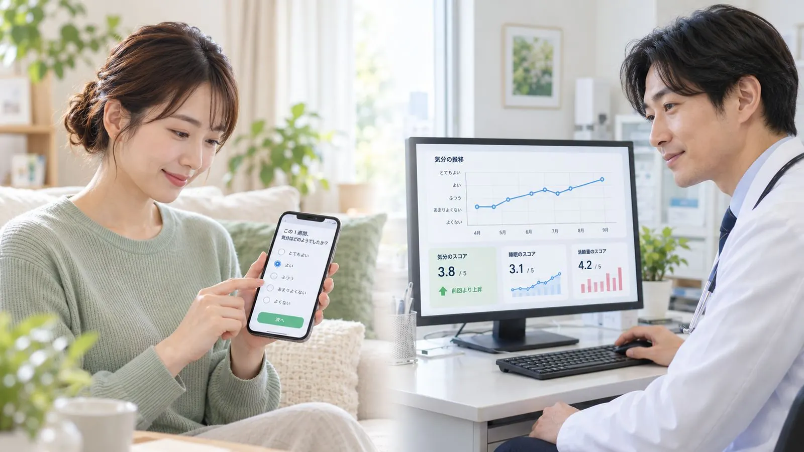 自宅でLINEに答える患者さんと、診察室でその経過グラフを見る医師