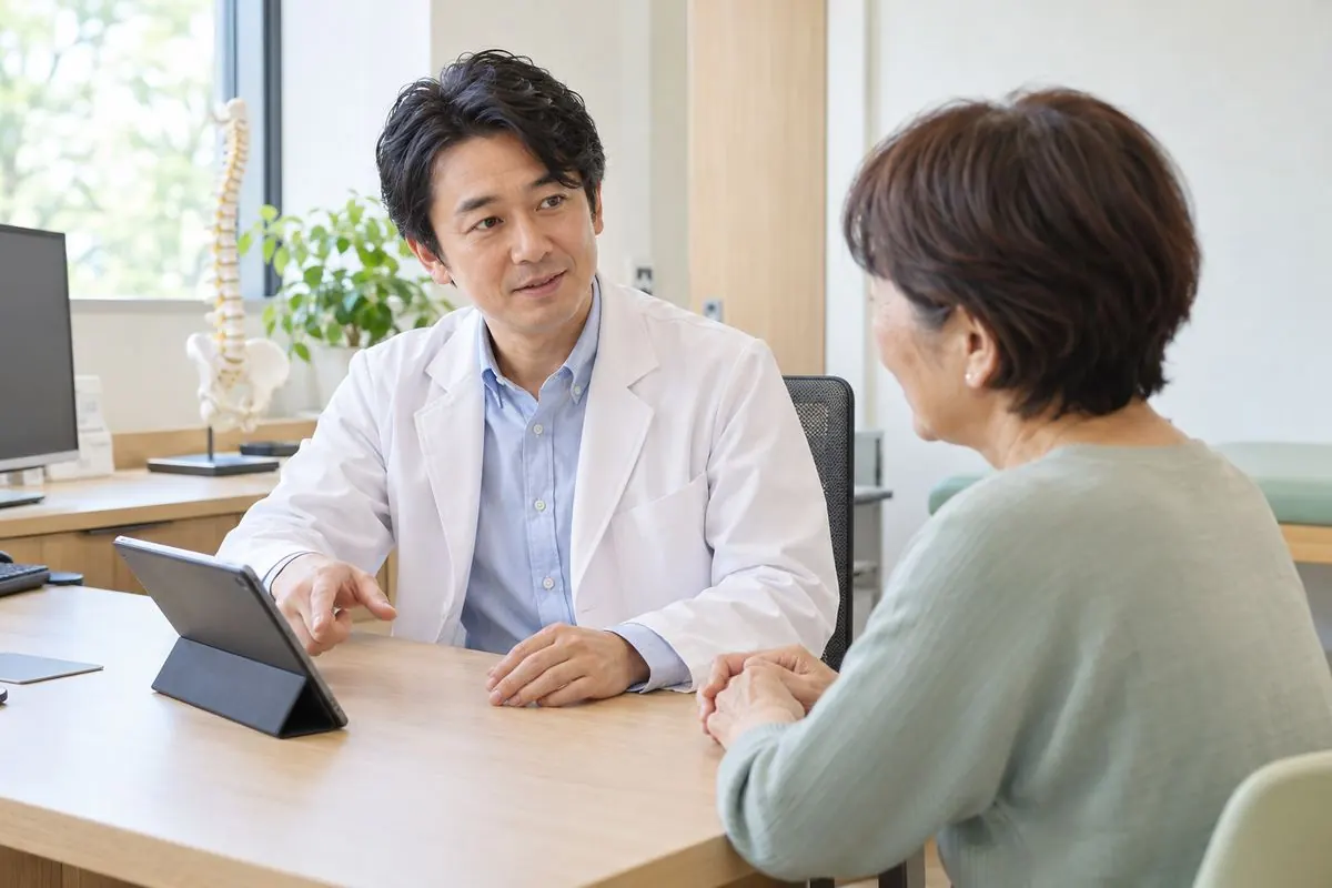 タブレットの経過グラフを見せながら患者さんと話す医師